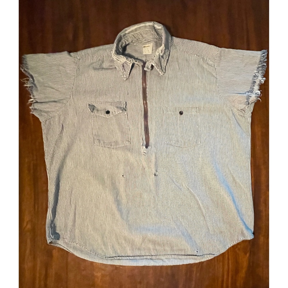 Vtg Key Imperial Mens XL Striped Shirt Frayed Sleeves Short Sleeve distressed